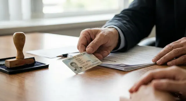 A close-up photograph of a notary public's hands politely pushing back an unfamiliar