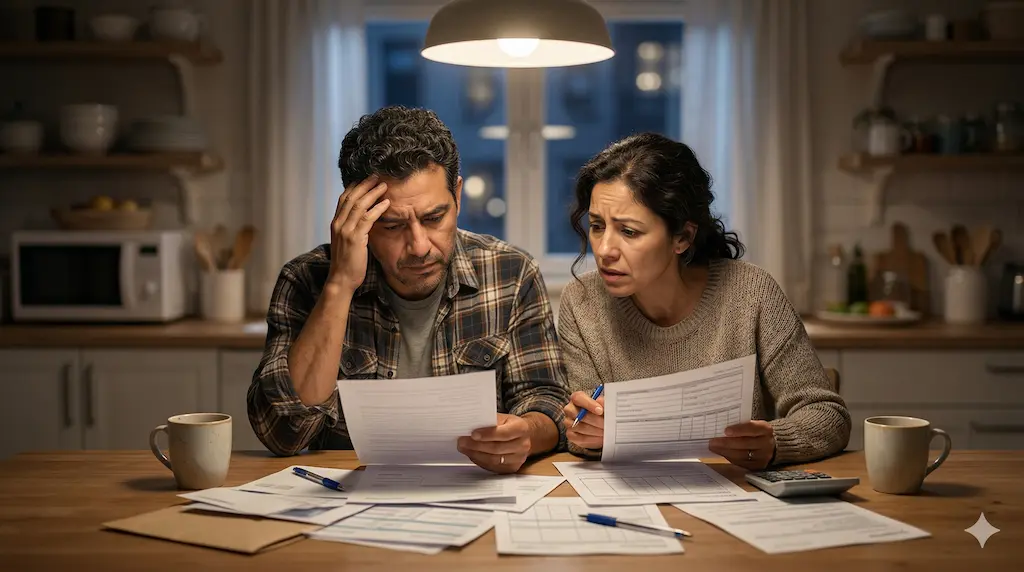 Pareja hispana revisando documentos del Formulario I-864 affidavit of support para Green Card por matrimonio en Estados Unidos